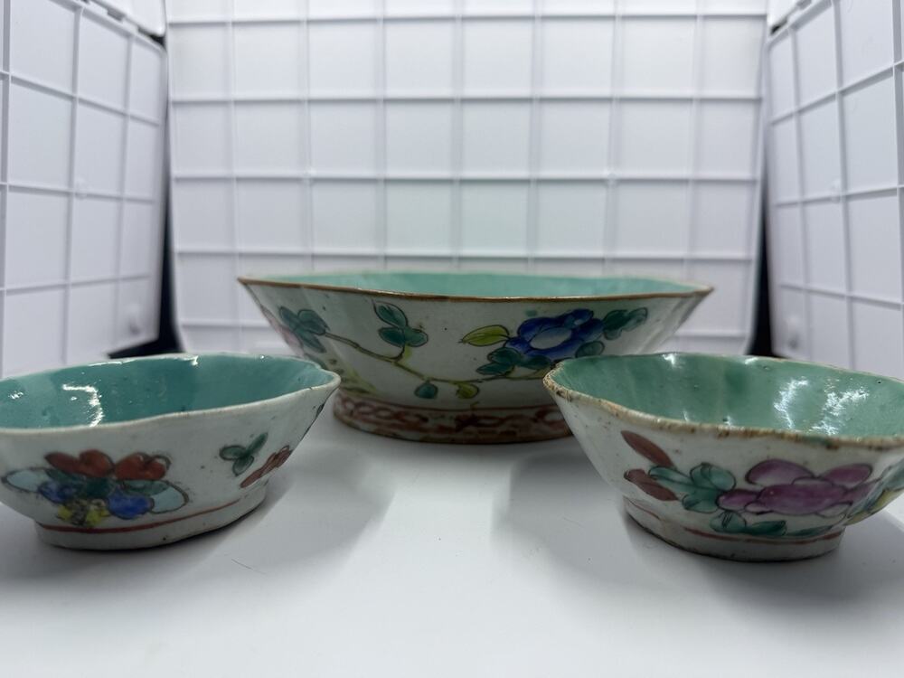 3 Antique Chinese Famille Rose Porcelain Bowl & Scalloped Dishes Set Turquoise